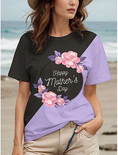  母の日 女性用 Tシャツ フラワー お母さん グラフィック スタイリッシュ カジュアル 半袖 ラウンドネック レギュラートップス 日常 週末 プリント パープル 夏 春