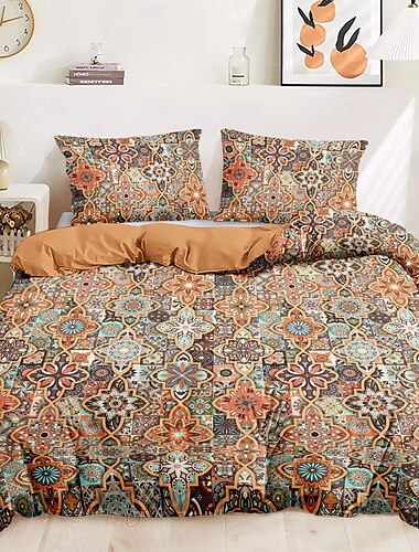  Funda de edredón mandala bohemio tamaño completo Juego de cama de algodón Funda de edredón suave y ligera con 2 fundas de almohada para verano primavera Étnico vintage
