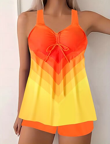  Női Extra méret Fürdőruha Tankini 2 darab Fürdőruha Magas derék Fürdőruha Magas derék Push up Kötött Stílusos Strandruházat Ombre Színes Kerek Ujjatlan Fürdőruhák