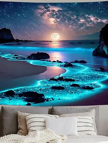  Landschaft Nacht Ozean Hängeteppich Wandkunst Große Teppich Wandmalerei Dekor Fotohintergrund Decke Vorhang Zuhause Schlafzimmer Wohnzimmer Dekoration