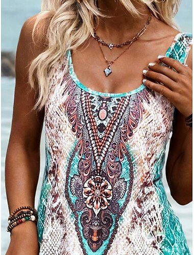  Damen Mini Kleid A-Linien Kleid Sommerkleid Schulterfreies Kleid Urlaub Strand Täglich Lockere Passform Grafik Paisley Tribal Ärmellos U-Ausschnitt Hellgrün Sommer Frühling