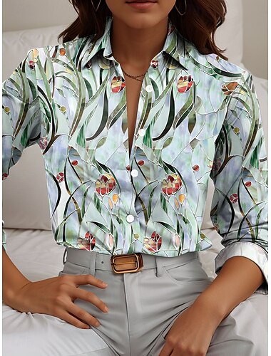  Damen Hemd Blumen Lässig Langarm Hemdkragen Normale Oberteile Arbeit Täglich Knöpfe Druck Rosa Rote Blau Grün Frühling Herbst Winter
