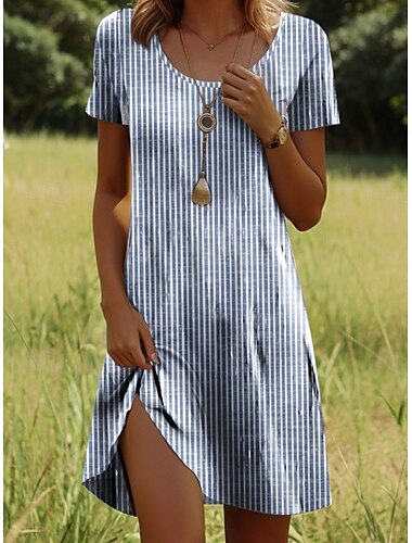  Dames Mini-jurk Casual jurk T shirt jurk A lijn jurk Zomerjurk Stijlvol Casual Vakantie Casual Dagelijks Normale pasvorm Grafisch Streep Korte mouw Strakke ronde hals Licht Blauw Zomer Lente Herfst