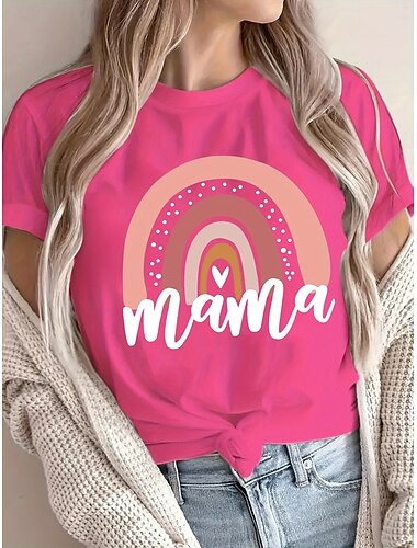  母の日 女性用 Tシャツ グラフィック レタード カジュアル 半袖 ラウンドネック レギュラートップス 日常 プリント ブラック ピンク ルビーレッド 夏