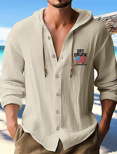  Per uomo Camicia bianca di cotone Camicia casual Camicia con Bottoni Camicia di cotone Motivo Vacanza Streetwear Nero Bianco Blu Cachi Manica Lunga Con Cappuccio Primavera & Estate Abbigliamento