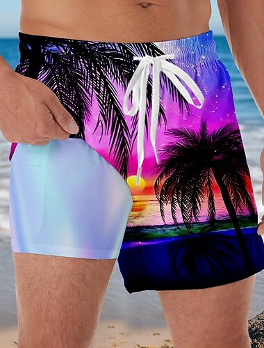  Miesten Kookospuu Trooppinen Maisema Vuoratut shortsit 2 in 1 uimashortsit Uimashortsit Keskivyötärö Havaijilainen Loma Sivutaskut Compression Linerin kanssa Joustava kiristysnyöri vyötäröllä