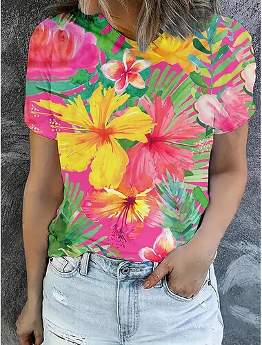  Women's T Shirt Summer Tops Floral Color Block Classic Casual Short Sleeve Crew Neck Crop Tops Daily Weekend Print Rainbow Summer Spring Fall