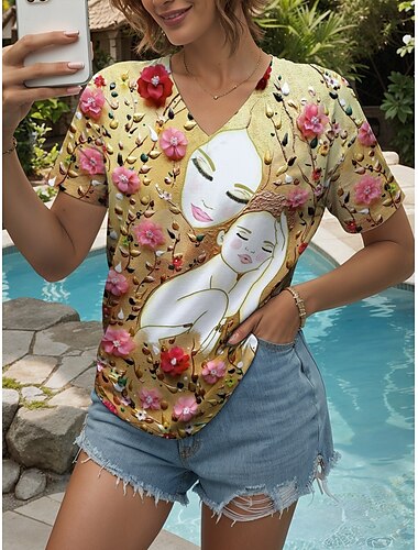  母の日 女性用 Tシャツ フラワー お母さん グラフィック スタイリッシュ カジュアル 半袖 ラウンドネック レギュラートップス 日常 週末 プリント イエロー 夏 春