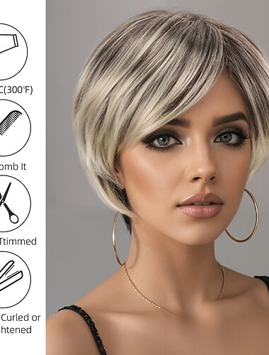  Synthetische Perücken Kinky Glatt Natürlich glatt Asymmetrisch Tiefer Scheitel Maschinell hergestellt Perücke 10 Zoll A1 Synthetische Haare Damen Party Klassisch Bequem Silber