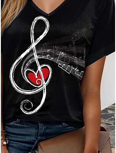  Musikfestival Damen T Shirt Graphic Musik Brautkleider schlicht Kurzarm V Ausschnitt Normale Oberteile Täglich Wochenende Urlaubskleidung Bedruckt Schwarz Sommer