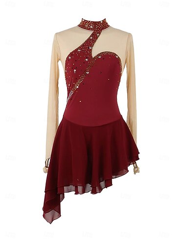  Kűrruha Női Lány Klizanje na ledu Ruhák Burgundi vörös Kollázs Nyissa meg a Vissza elemet Háló Spandex Nyúlós Edzés Gyakorlat Professzionális Kűrruhák Melegen tartani Kristály / Strassz Hosszú ujj