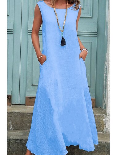  Femmes Robe Midi Robes inspirées du lin Robe en coton et lin Mode Basique Classique Extérieur Quotidien Fête Coupe régulière Uni Sans manches Col ras du cou Blanche Orange Kaki Bleu clair Été