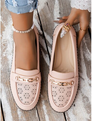  Mocassini da donna rosa - Scarpe flat traspiranti con fori slip-on e dettaglio in metallo per abbigliamento casual e da lavoro