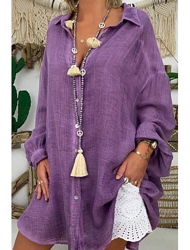  Mujer Camisa Camisas de algodón y lino Abotonar Blusa Plano Básico Moderno Manga Larga Cuello Camisero Tops largos Festivos Noche Botones Asimétrico Negro Blanco Azul Piscina Morado Gris Verano