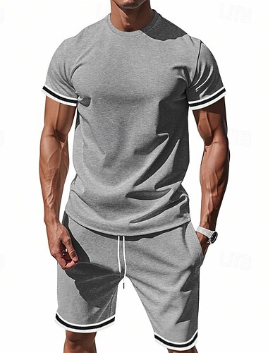  Per uomo Completi T-shirt Outfit 2 pezzi Maglietta e pantaloncini Manica Corta Colletto Mao Estate A righe Moda Casual 2 Pezzi Vacanza Abbigliamento quotidiano Uscire Nero Rosso Blu marino scuro