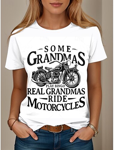  女性用 Tシャツ グラフィック レタード スタイリッシュ カジュアル 半袖 ラウンドネック レギュラートップス 日常 週末 プリント ブラック ホワイト ピンク ブルー パープル 夏 春 Grandmas Motorcycle