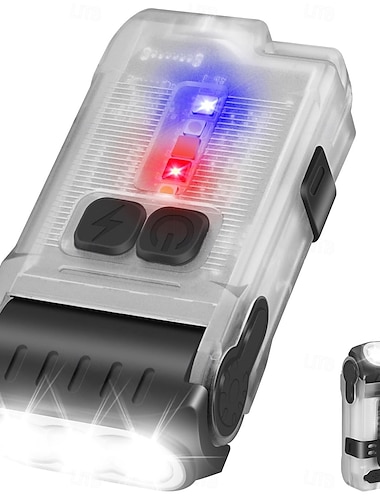  Linterna LED EDC pequeña y potente con luz blanca cálida y roja, brillante, 1200 lm, recargable vía USB C, 10 modos, mini llavero de bolsillo con clip, resistente al agua IP67.