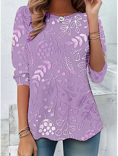  Damen T-Shirt 3D Druck Floral Grafik Lässig Langarm Rundhalsausschnitt Reguläre Oberteile Täglich Druck Pink Lila Grün Khaki Sommer Frühling Herbst