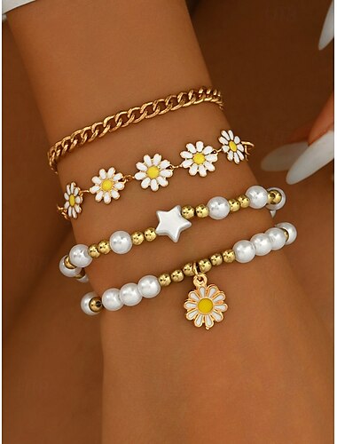  „Boho-Gänseblümchen-Perlenarmband-Set für Damen – Goldkette und mehrlagige Perlenarmbänder, süßer Blumenschmuck für Sommer, Strand, Festivals und Freizeitkleidung“