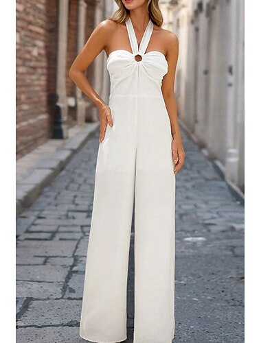  Damen Normal Overall Elegant Einfarbig Ärmellos Neckholder Rückenfrei Party Normale Passform Schwarz Weiß Rote Sommer