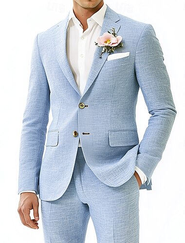  Suits en lin de plage décontractés pour hommes bleu ciel mode fête d'été couleur unie coupe standard 2 pièces à deux boutons