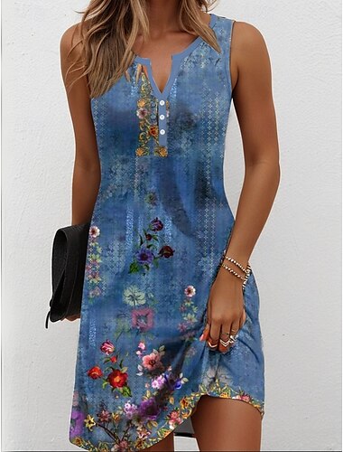  Dames Mini Jurk Casual Jurk Petite Jurk Zomerjurk Casual Vakantie Dagelijkse Vakantie Regular Fit Bloemen Grafisch Boheems Mouwloos V-Hals Rood Blauw Paars Groen Zomer Lente