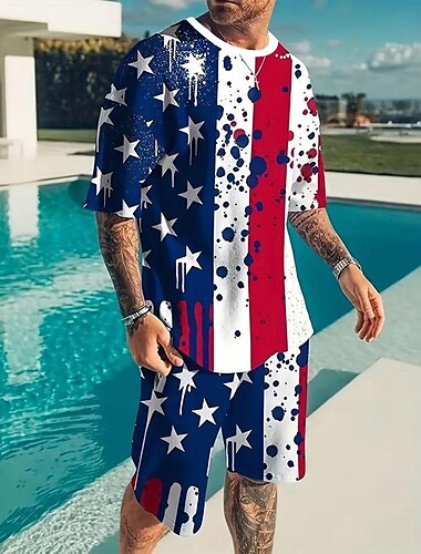  アメリカ独立記念日 男性用 アメリカの米国旗 2個 ティーセット 夏のトップス 半袖 ショートパンツ クルーネック カジュアル トレンディー アウトドア スポーツ カジュアル 3Dプリント 夏 ブルーホワイト
