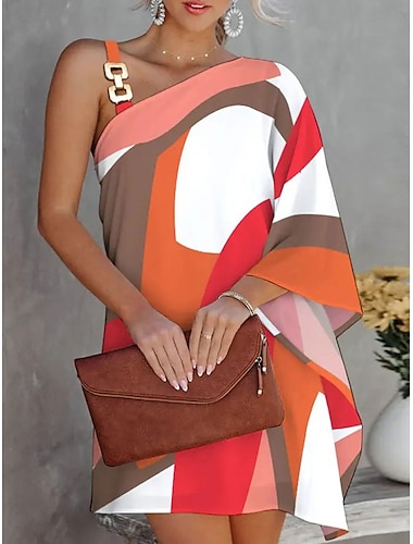  Kvinders Mini Kjole Shift Kjole Off The Shoulder Kjole Casual Flared Ærme Ferie Gade Casual Regular Fit Grafisk Lang Ærme Asymmetrisk Sort Og Hvid Sort Marineblå Orange