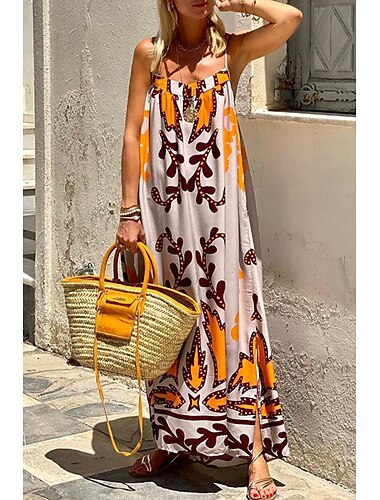  Dame Lang kjole Maxikjole Blomster kjole Slip kjole Boho-kjole Print kjole Klassisk I-byen-tøj Strand Weekend Regulær Blomst Uden ærmer Spaghettistropper Grå Sommer