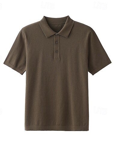  Herren Poloshirt aus Seide, Leinen und Baumwolle, Strick, Polopullover, Business, Casual, Revers, Kurzarm, formell, einfarbig, Patchwork, Knöpfe, Sommer, Schwarz, Braun, Grün, Dunkelgrau, Dunkelkaffee