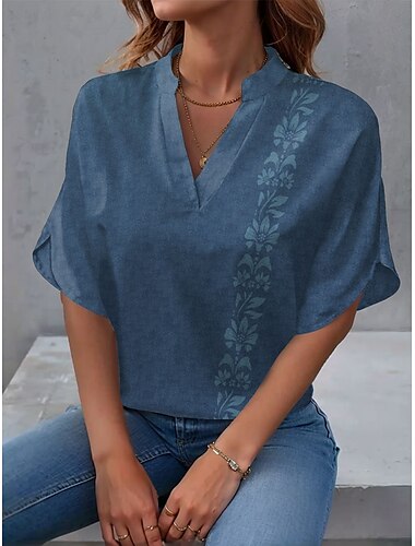  Dámské Halenka Květinový Grafika stylové Plážový styl Krátký rukáv Do V Běžné topy Denní Tisk Vodní modrá Trávová zelená Khaki Léto Jaro
