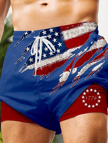  Herren US Flagge Patriotisch 1776 Gefütterte Shorts 2 in 1 Badeshorts Badeshorts Mittlere Taille Hawaiianisch Urlaub Strandbekleidung Seitentaschen Mit Kompressionsfutter Elastischer Kordelzug in der