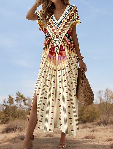  Frauen Maxikleid Sommerkleid A-Linien Kleid Urlaub Lässige Urlaub Tägliche Regulär Passform Blumen Grafik Kurze Ärmel V-Ausschnitt Hellgelb Frühling Herbst