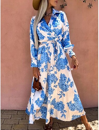  Damen Maxidress A Linie Kleid Figurbetontes Kleid Urlaub Urlaub Täglich Regular Fit Graphic Langarm V Ausschnitt Gelb Blau Sommer