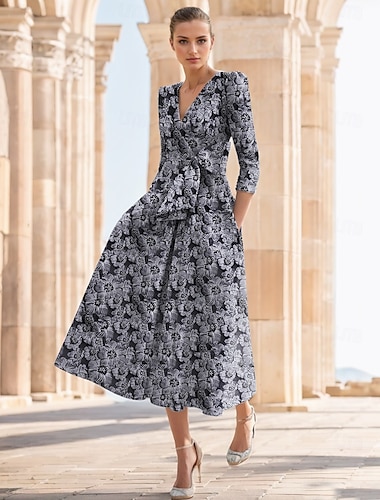  Jacquard A-linjeformad cocktailklänning Elegant klänning Bröllopsgäst Kyrklängd Halv ärm V-hals Chiffon med blommiga rosetter Bröllopsgästklänning 2025