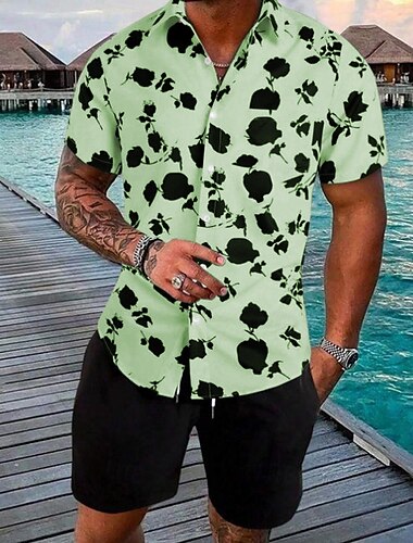 Herren Blumen 2St Hemden-Sets Sommer Hawaiihemd Kurzarm Kurze Hosen Umlegekragen Urlaub Lässig Outdoor Lässig Täglich 3D-Druck Sommer Weiß Rosa Blau