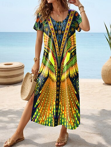  Damen Midikleid Sommerkleid A Linie Kleid Urlaub Brautkleider schlicht Boho Schmetterling Urlaub Strand Regular Fit Graphic Paisley-Muster Stammes Kurzarm Rundhalsausschnitt Gelb Rote Blau Sommer