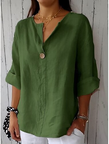  Vestito Mini in Cotone Lino da Donna Shirt Dress Base Casual Vacanza Quotidiana Regolare Fit Monocromatico Maniche 3/4 V Neck Nero Bianco Rosso Verde Estate