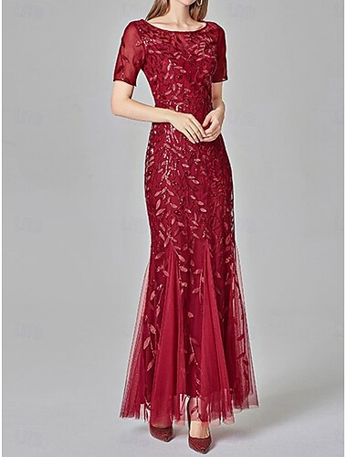  Meerjungfrau  Trompete Hochzeit Gäste Kleider Elegantes Kleid Hochzeitsgast Geburtstag Bodenlänge Kurzarm Rundhals Tüll mit Paillettenstickerei 2025