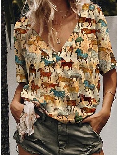  Kentucky Derby Damen T Shirt Grafik Vintage Lässig Kurzarm V Ausschnitt Normale Oberteile Täglich Wochenende Druck Gelb Rote Grau Sommer