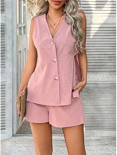  Zwei Teile Damen Mode Straßenbekleidung tägliche Tanktop Shorts Sets Ärmellos V-Ausschnitt Einfarbig Freizeit Täglich Schwarz Weiß Rosa Sommer Reguläre Passform