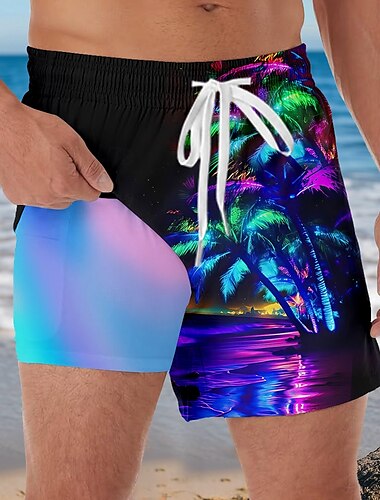  Herren Kokospalme Ozean Tropisch Gefütterte Shorts 2 in 1 Badeshorts Badeshorts Mittlere Taille Hawaiianisch Urlaub Strandbekleidung Seitentaschen Mit Kompressionsfutter Elastischer Kordelzug in der