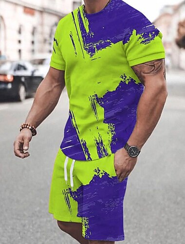  Herren Farbblockmuster 2St T-Shirts-Sets Sommeroberteile Kurzarm Kurze Hosen Rundhalsausschnitt Sport Lässig Outdoor Urlaub Täglich Bedruckt Sommer Blau-Gelb Blau Purpur