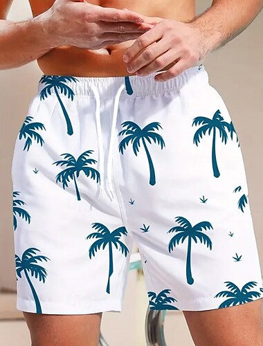  Men's Coconut Tree Tropical Plants Swim Trunks Swim Shorts Board Shorts Mid Waist Hawaiian Beach Wear Vacation Drawstring Mesh Lining Elastic Waist Designer Clothing Apparel