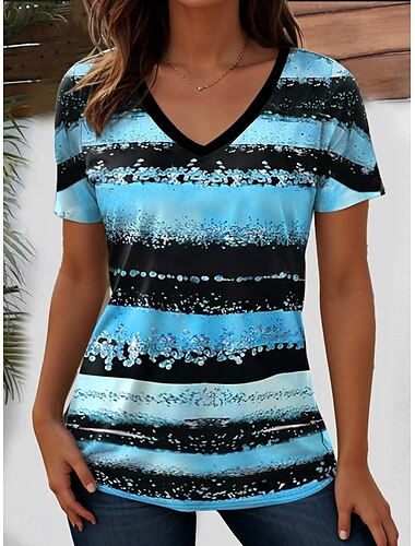  Dames T-shirt Oceaan Gestreept Casual Korte mouw V-hals Normale tops Dagelijks Uitgaan Weekend Afdrukken Geel Blozend Roze blauw Paars Oranje Zomer