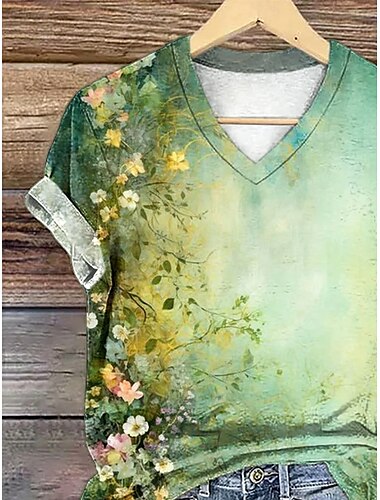  Dame T-shirt Nuance Blomstret Grafisk Afslappet Kortærmet V-hals Almindelige toppe Daglig Trykt mønster Lysegrøn Sommer Forår