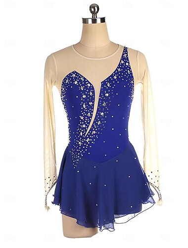  Eiskunstlaufkleid Damen Mädchen Eislaufen Kleider Königsblau Patchwork Daumenloch Gitter Spandex elastisch Ausbildung Praxis Professionell Eiskunstlaufkleidung warm Kristalle Langarm Eislaufen