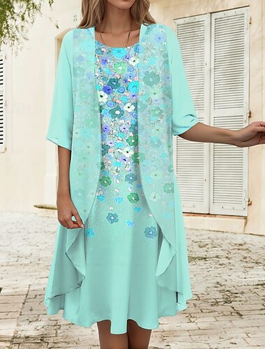  Damen Abschlusskleid Midi Kleid 2 Teile Kleid Set A-Linie Kleid Urlaub Lässig Floral Grafik Druck Halbarm Rundhals Alltag Rosa Lila Grün Sommer Frühling Lockerer Schnitt