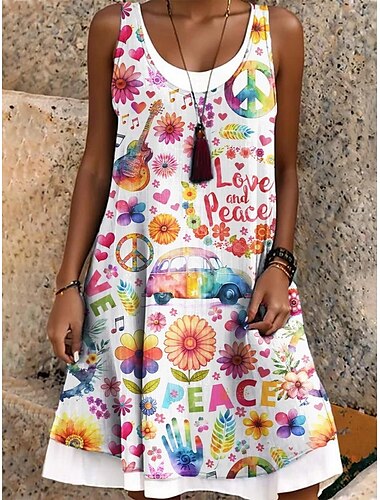  Damen Minikleid T-Shirt-Kleid Sommerkleid A Linie Kleid Urlaub Lässig Strand Täglich Normale Passform Blumen Grafik Ärmellos U-Ausschnitt Weiß Rote Braun Grün Sommer