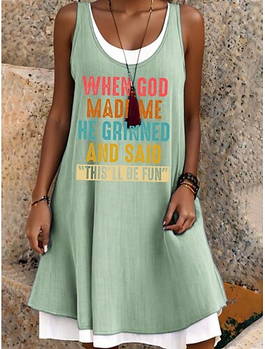  Damen GOD Mini Kleid T-Shirt Kleid Tee Kleid Sommerkleid A-Linie Kleid Fit und Flare Kleid Urlaub Lässig Strand Täglich Lockere Passform Buchstaben Ärmellos U-Ausschnitt Hellgrün Blau Hellgrau